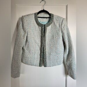 Alice + Olivia Kidman Embellished Tweed Jacket, Light Blue, White and Silver.